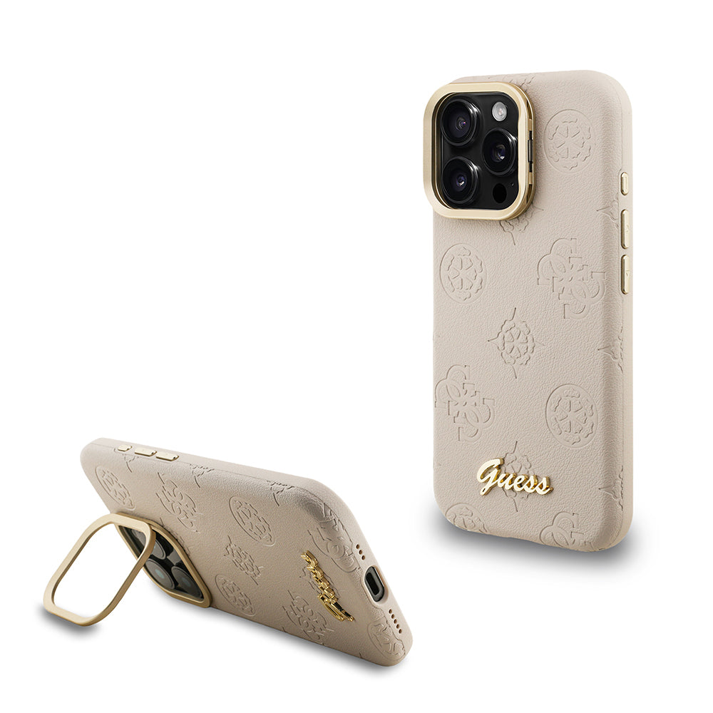 Apple iPhone 16 Pro Kılıf Guess Orjinal Lisanslı M-safe Şarj Özellikli Sıcak Baskılı Yazı Logolu Kamera Standlı PU Deri Peony Kapak Bej