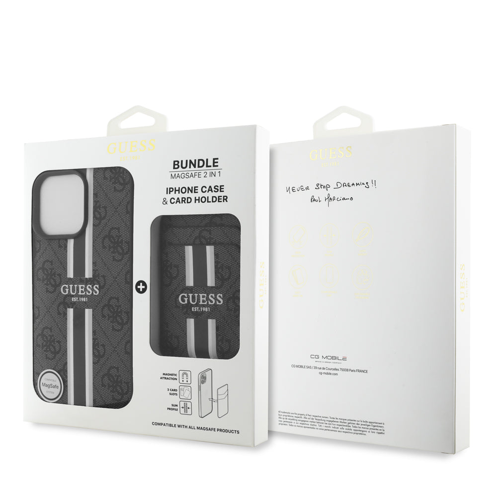 Apple iPhone 16 Pro Kılıf Guess Orjinal Lisanslı M-safe Şarj Özellikli 4G Desenli Çizgili Kartlıklı Kapak Siyah