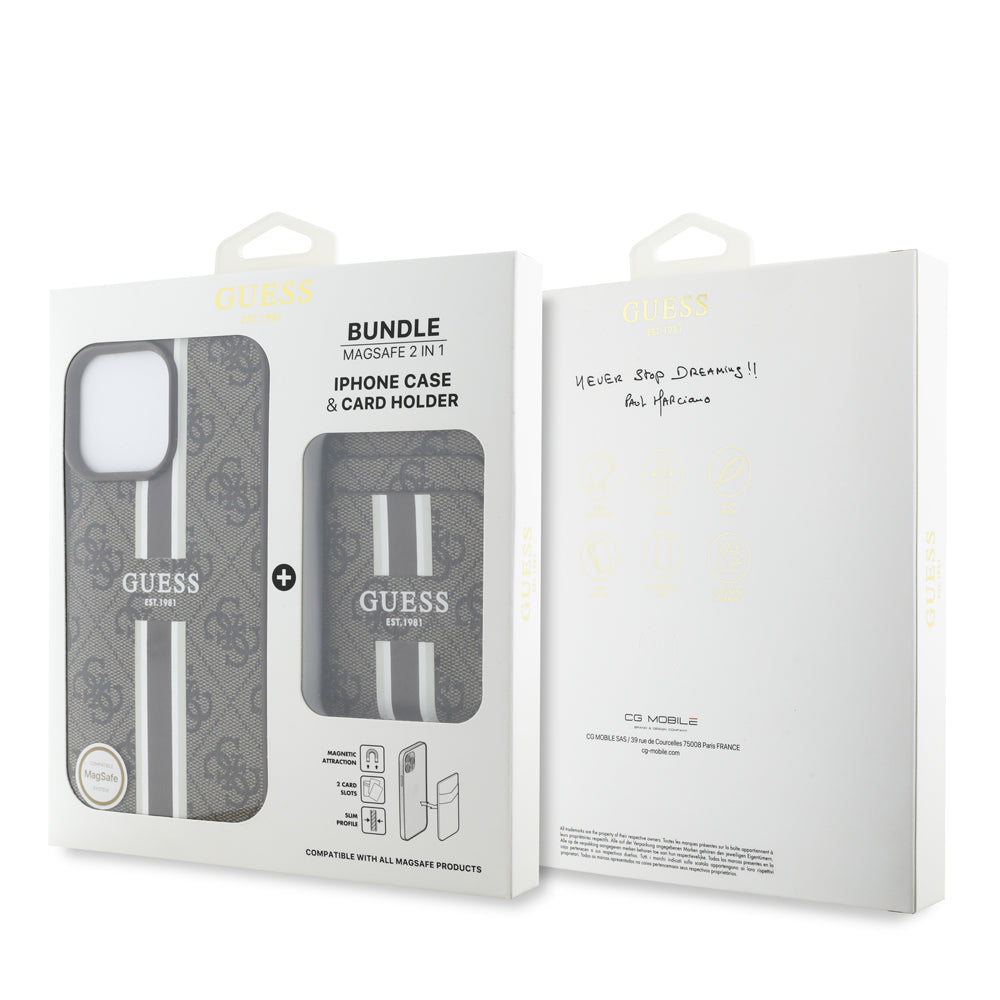 Apple iPhone 16 Pro Kılıf Guess Orjinal Lisanslı M-safe Şarj Özellikli 4G Desenli Çizgili Kartlıklı Kapak Kahverengi