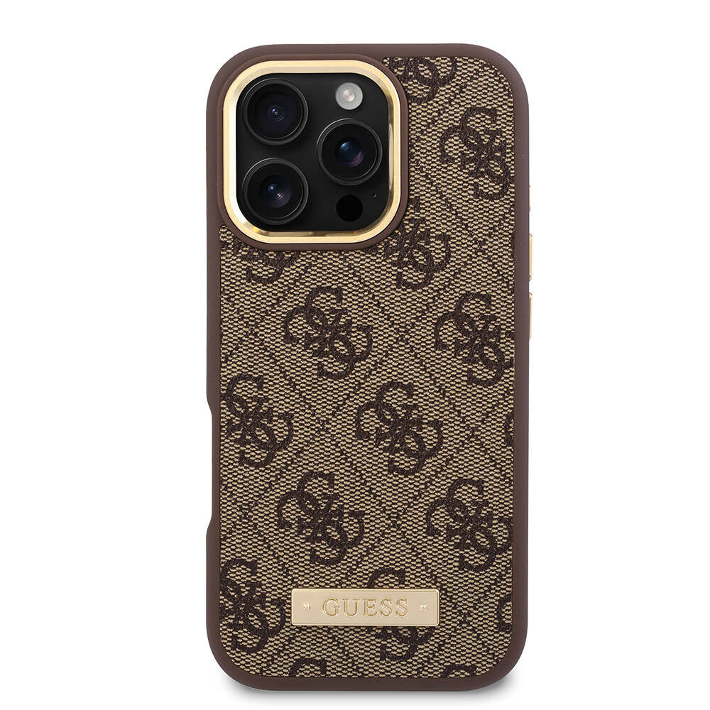 Apple iPhone 16 Pro Kılıf Guess Orjinal Lisanslı M-safe Şarj Özellikli 4G Desenli PU Metal Plaka Klasik Logolu Kapak Pembe