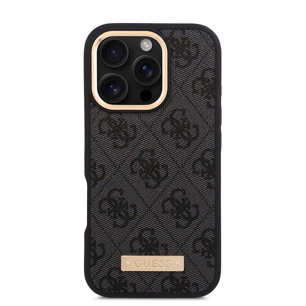 Apple iPhone 16 Pro Kılıf Guess Orjinal Lisanslı M-safe Şarj Özellikli 4G Desenli PU Metal Plaka Klasik Logolu Kapak Pembe