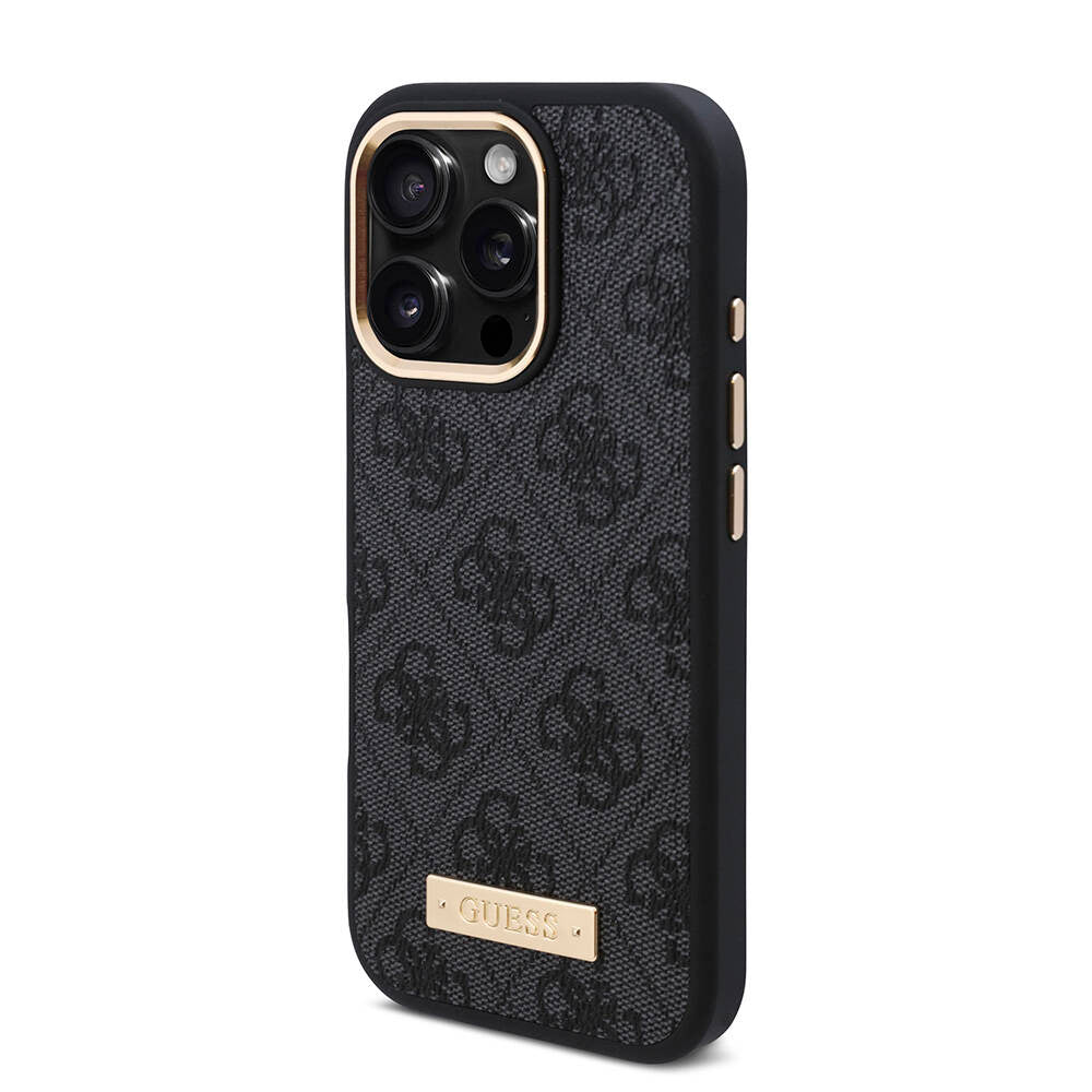 Apple iPhone 16 Pro Kılıf Guess Orjinal Lisanslı M-safe Şarj Özellikli 4G Desenli PU Metal Plaka Klasik Logolu Kapak Pembe