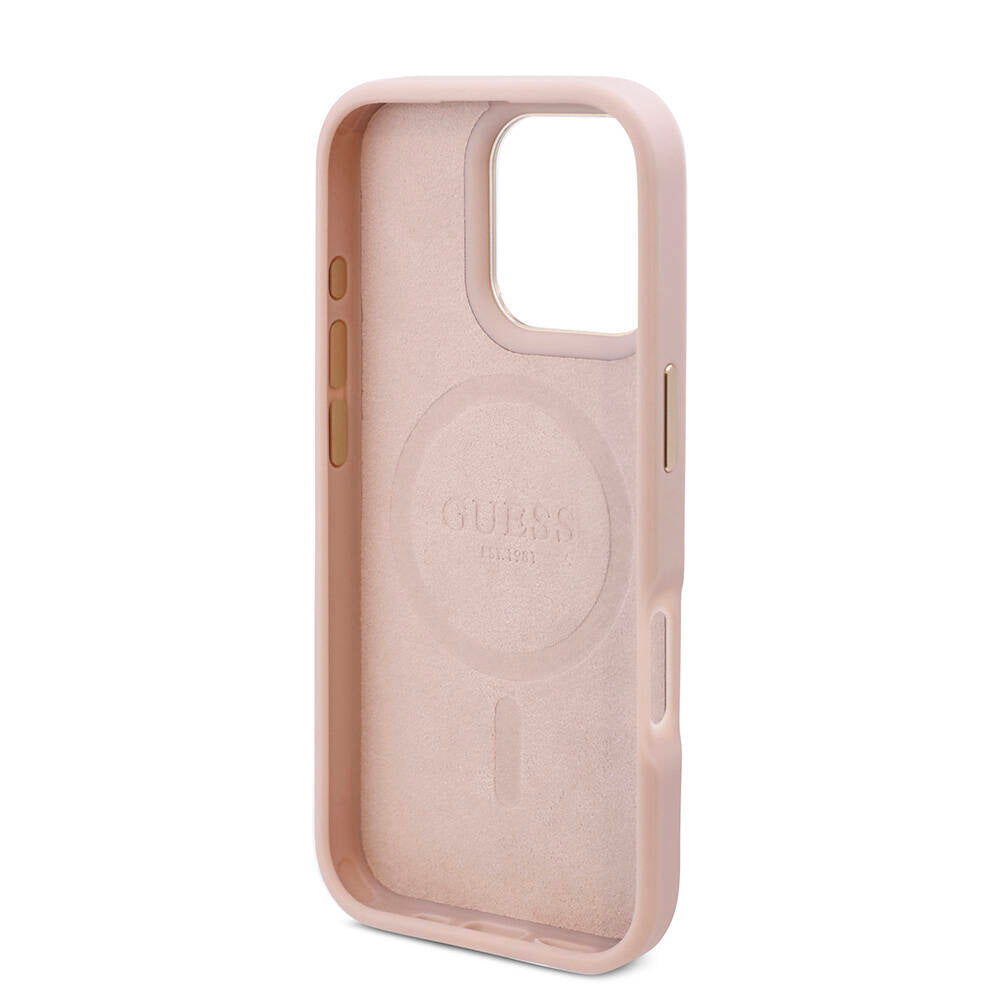 Apple iPhone 16 Pro Kılıf Guess Orjinal Lisanslı M-safe Şarj Özellikli 4G Desenli PU Metal Plaka Klasik Logolu Kapak Siyah