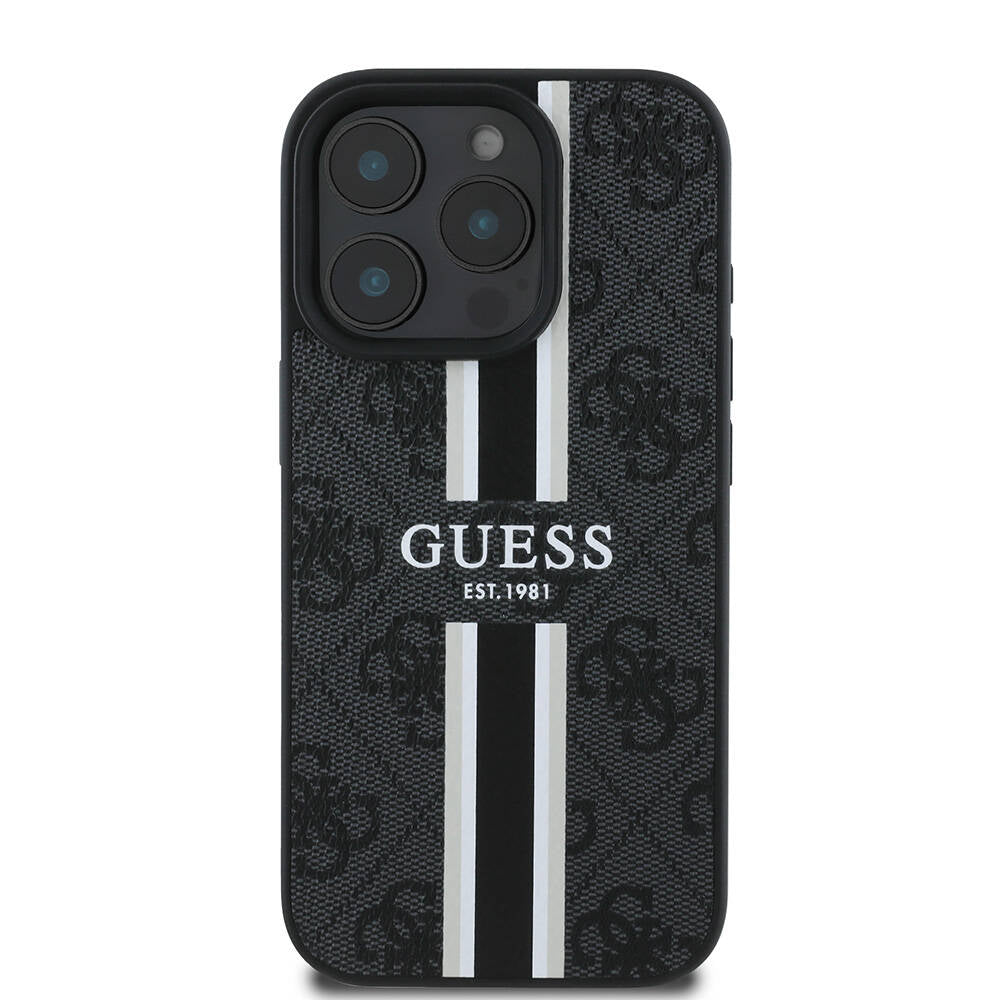 Apple iPhone 16 Pro Kılıf Guess Orjinal Lisanslı M-safe Şarj Özellikli 4G Şerit Tasarımlı Printed Kapak Pembe