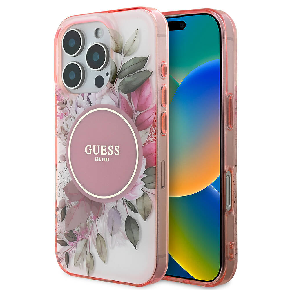 Apple iPhone 16 Pro Kılıf Guess Orjinal Lisanslı M-safe Şarj Özellikli Flower Tonal Circle Kapak Mor