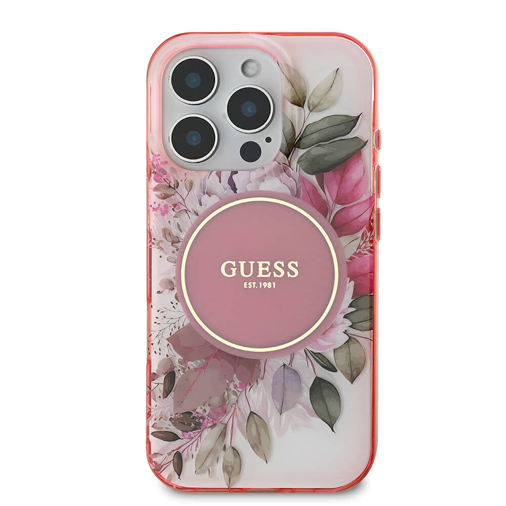 Apple iPhone 16 Pro Kılıf Guess Orjinal Lisanslı M-safe Şarj Özellikli Flower Tonal Circle Kapak Pembe