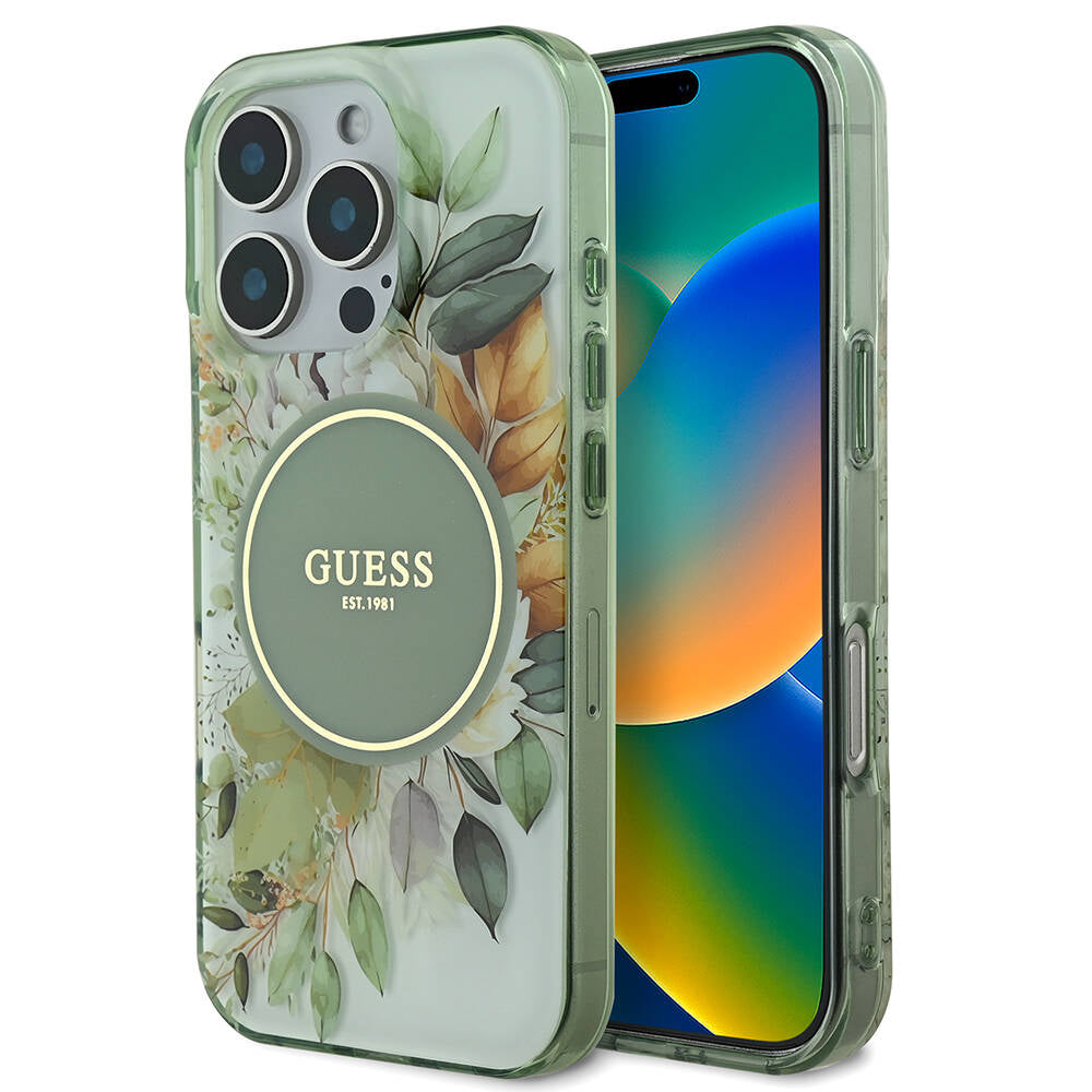 Apple iPhone 16 Pro Kılıf Guess Orjinal Lisanslı M-safe Şarj Özellikli Flower Tonal Circle Kapak Yeşil