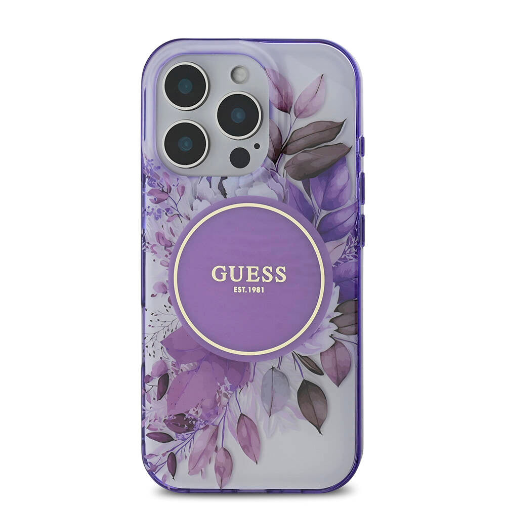 Apple iPhone 16 Pro Kılıf Guess Orjinal Lisanslı M-safe Şarj Özellikli Flower Tonal Circle Kapak Mor