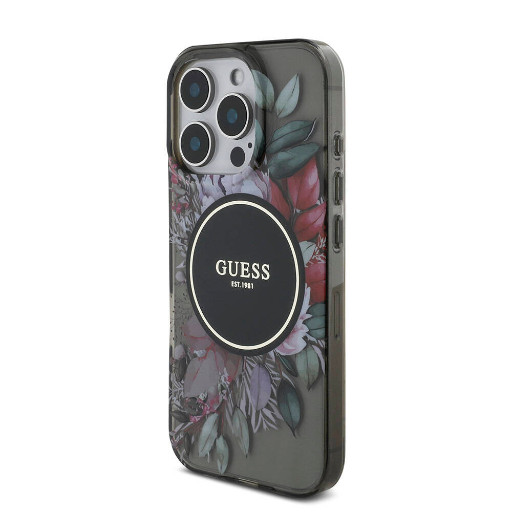 Apple iPhone 16 Pro Kılıf Guess Orjinal Lisanslı M-safe Şarj Özellikli IML Baskılı Çiçek İnci Bileklikli Kapak Mor