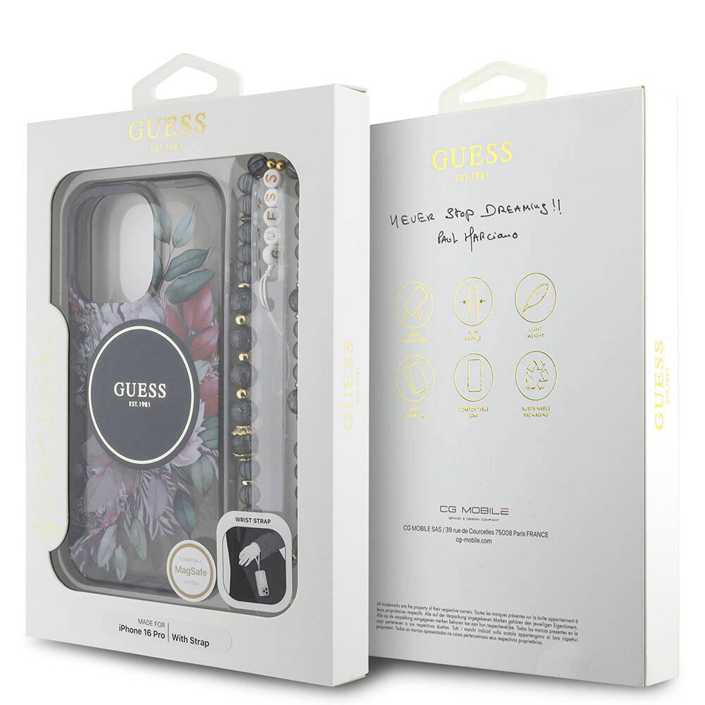 Apple iPhone 16 Pro Kılıf Guess Orjinal Lisanslı M-safe Şarj Özellikli IML Baskılı Çiçek İnci Bileklikli Kapak Siyah