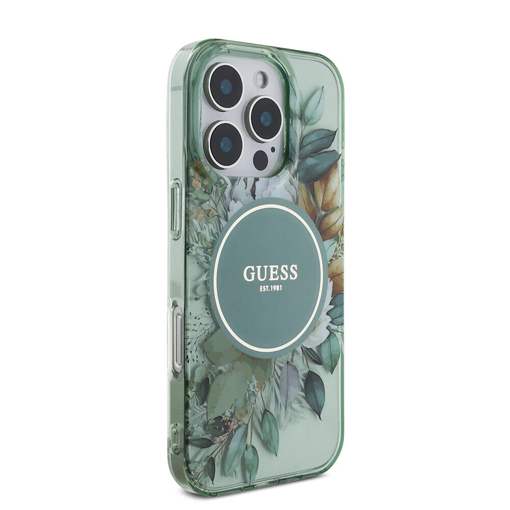 Apple iPhone 16 Pro Kılıf Guess Orjinal Lisanslı M-safe Şarj Özellikli IML Baskılı Çiçek İnci Bileklikli Kapak Mor