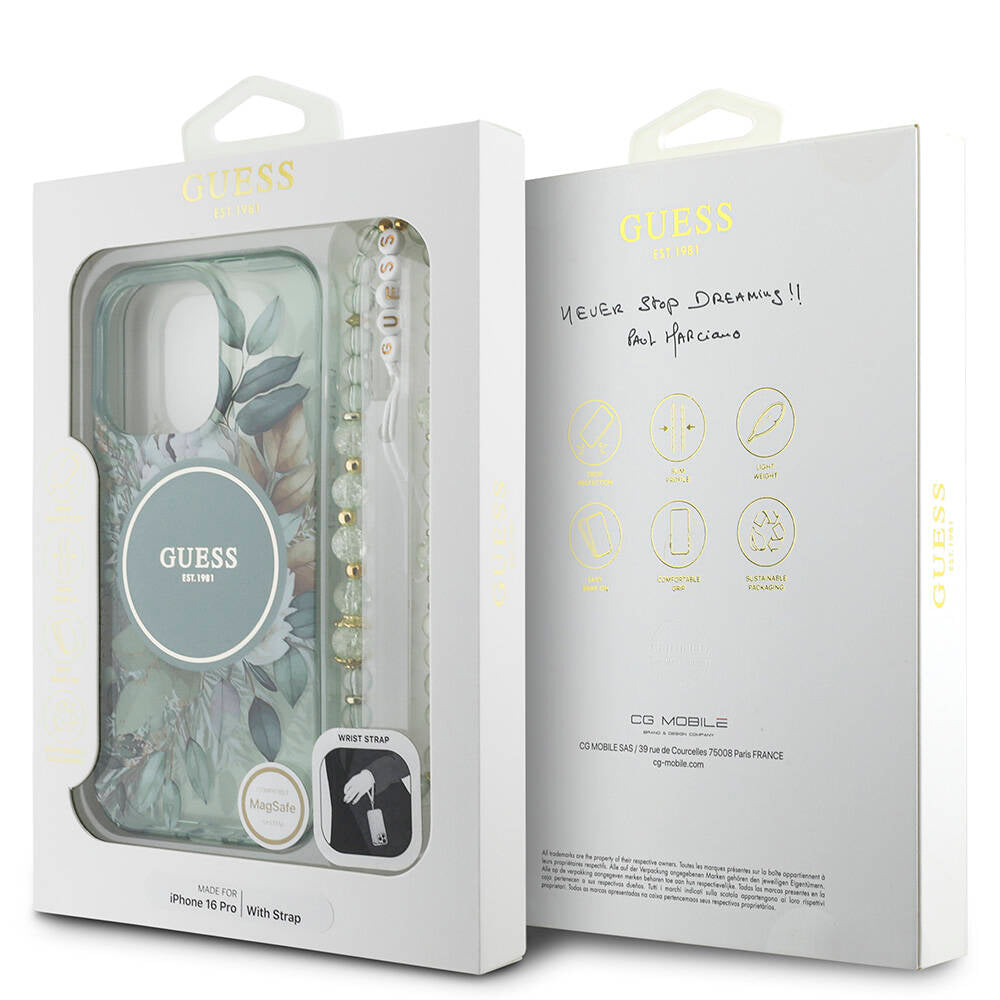 Apple iPhone 16 Pro Kılıf Guess Orjinal Lisanslı M-safe Şarj Özellikli IML Baskılı Çiçek İnci Bileklikli Kapak Yeşil