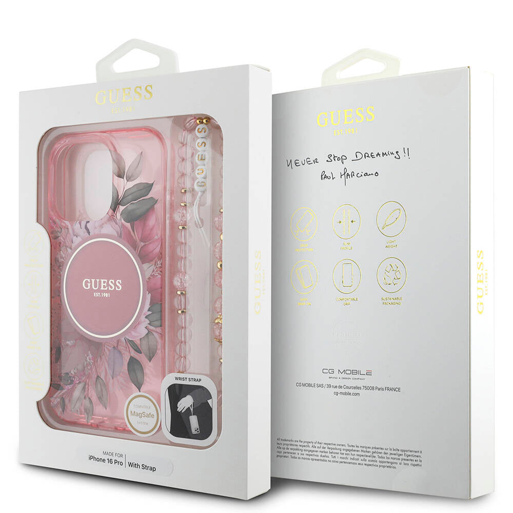 Apple iPhone 16 Pro Kılıf Guess Orjinal Lisanslı M-safe Şarj Özellikli IML Baskılı Çiçek İnci Bileklikli Kapak Siyah