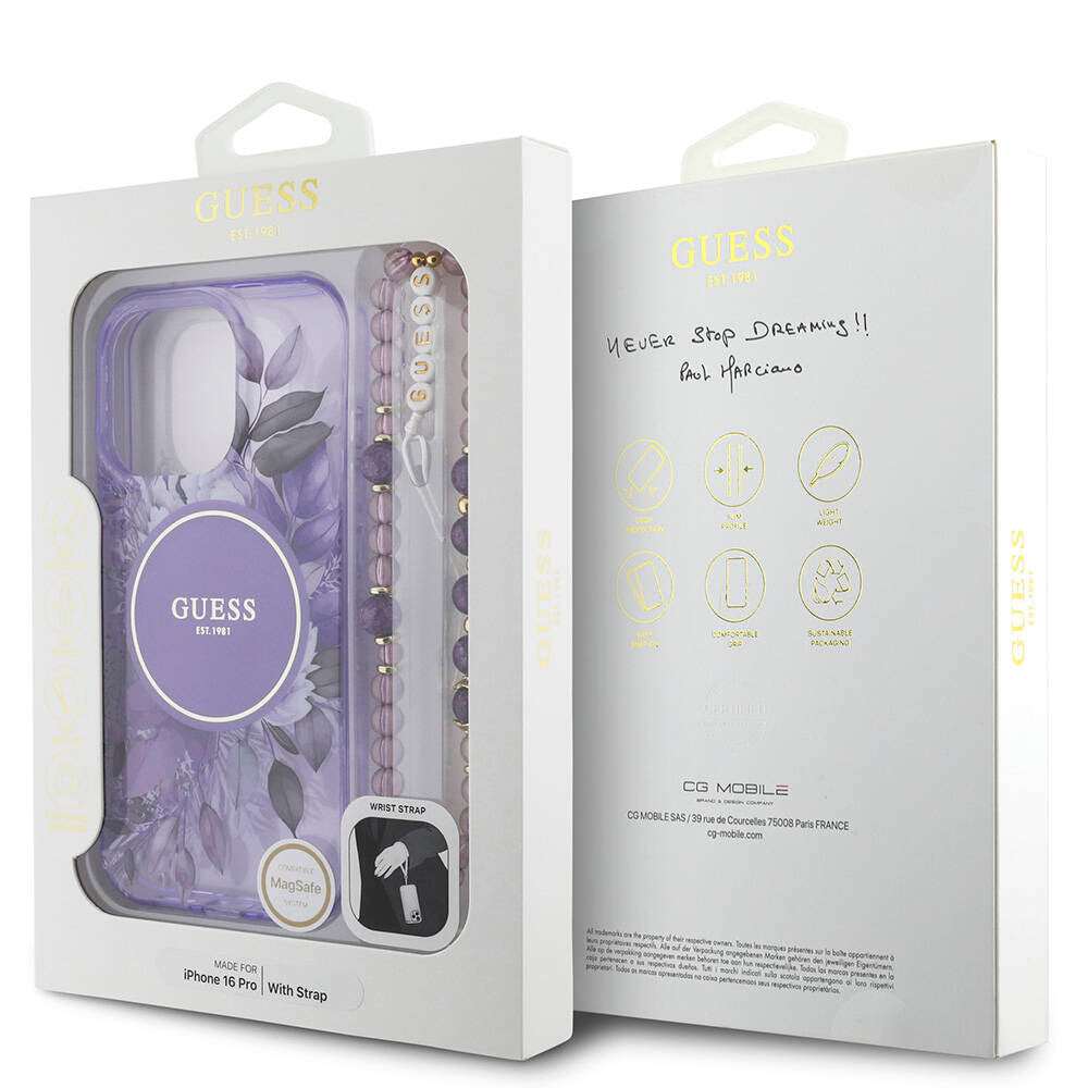Apple iPhone 16 Pro Kılıf Guess Orjinal Lisanslı M-safe Şarj Özellikli IML Baskılı Çiçek İnci Bileklikli Kapak Yeşil