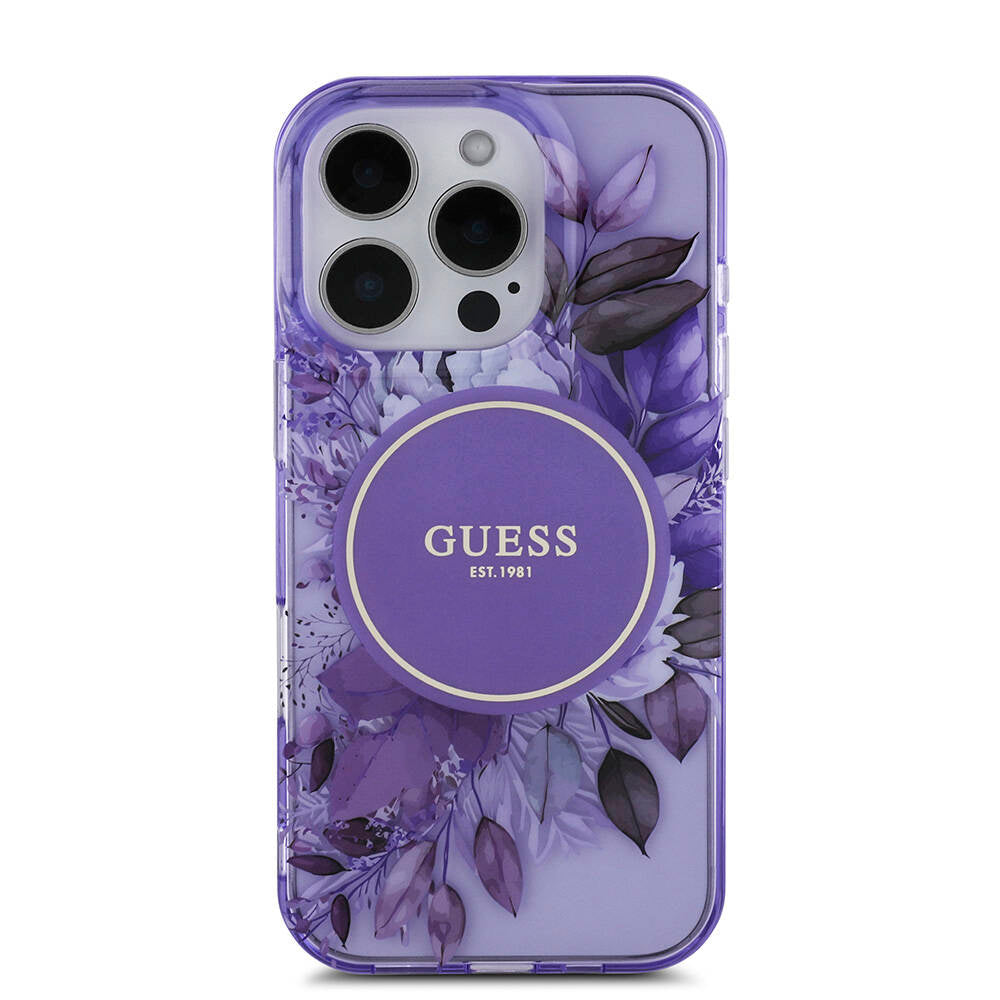 Apple iPhone 16 Pro Kılıf Guess Orjinal Lisanslı M-safe Şarj Özellikli IML Baskılı Çiçek İnci Bileklikli Kapak Mor