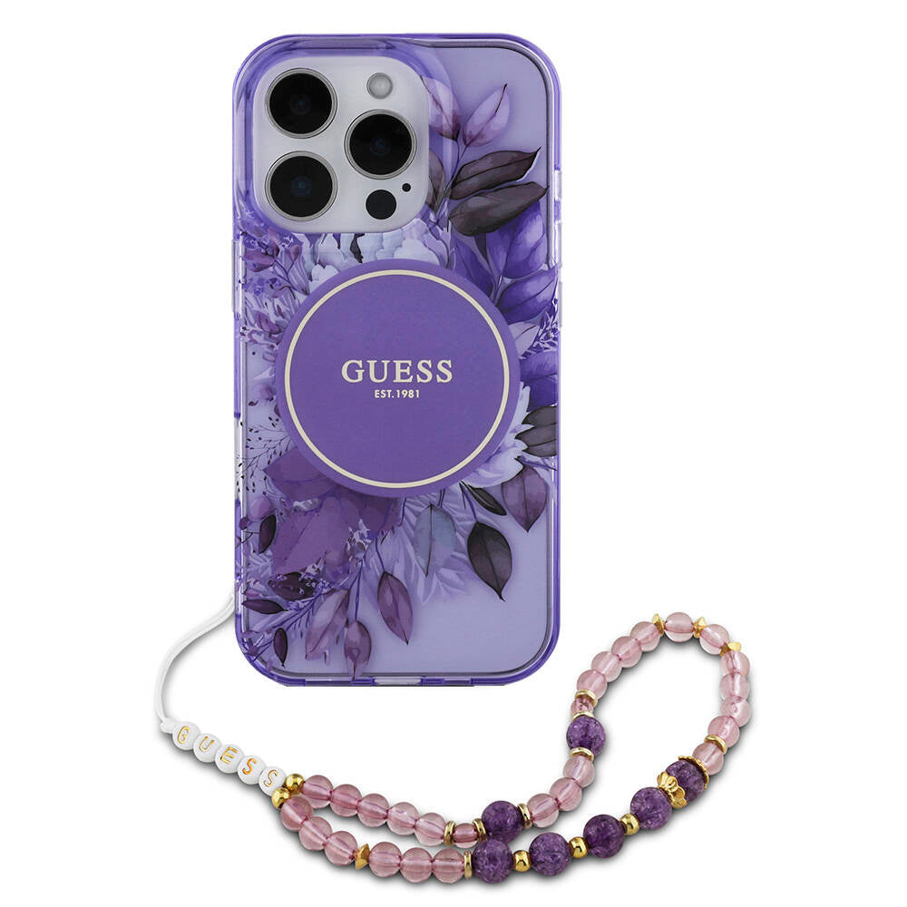 Apple iPhone 16 Pro Kılıf Guess Orjinal Lisanslı M-safe Şarj Özellikli IML Baskılı Çiçek İnci Bileklikli Kapak Pembe