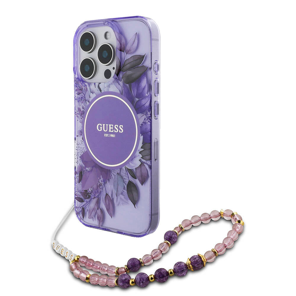 Apple iPhone 16 Pro Kılıf Guess Orjinal Lisanslı M-safe Şarj Özellikli IML Baskılı Çiçek İnci Bileklikli Kapak Siyah