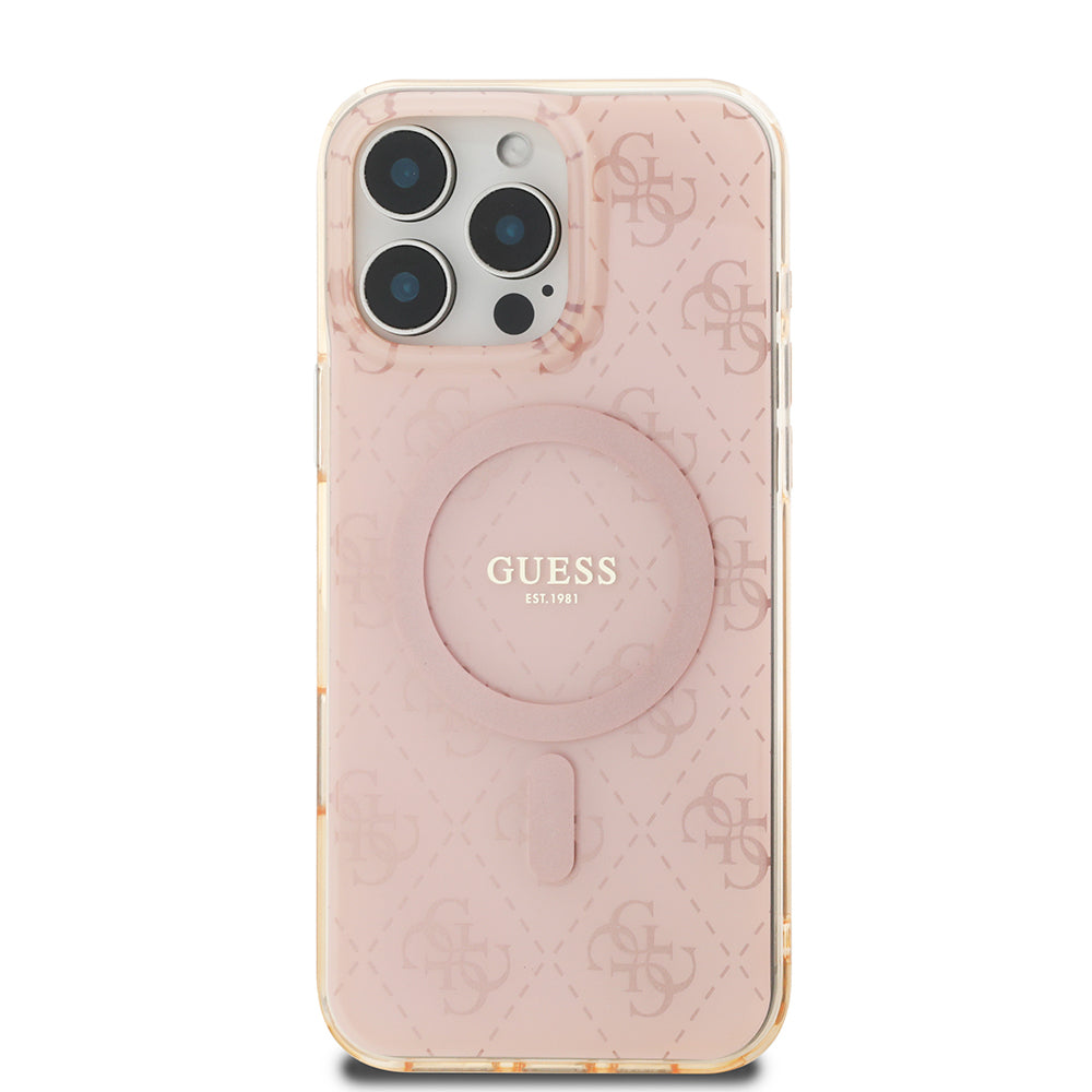 Apple iPhone 16 Pro Kılıf Guess Orjinal Lisanslı M-safe Şarj Özellikli IML Baskılı Klasik Logolu 4G Desenli Kapak Kahverengi