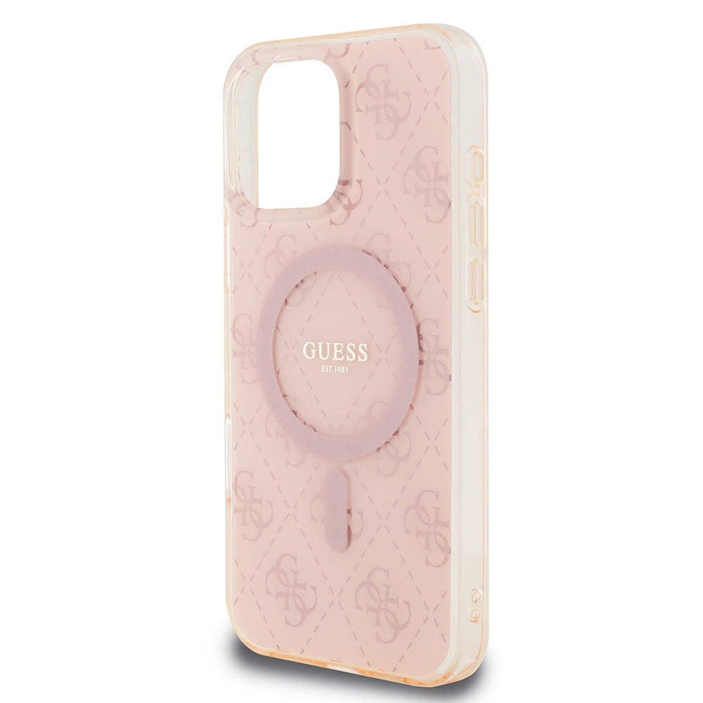 Apple iPhone 16 Pro Kılıf Guess Orjinal Lisanslı M-safe Şarj Özellikli IML Baskılı Klasik Logolu 4G Desenli Kapak Kahverengi