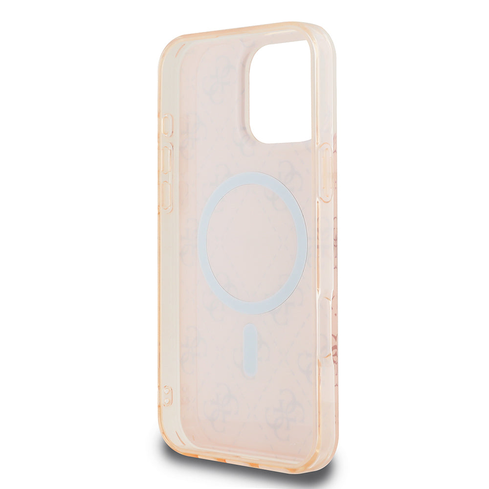 Apple iPhone 16 Pro Kılıf Guess Orjinal Lisanslı M-safe Şarj Özellikli IML Baskılı Klasik Logolu 4G Desenli Kapak Pembe