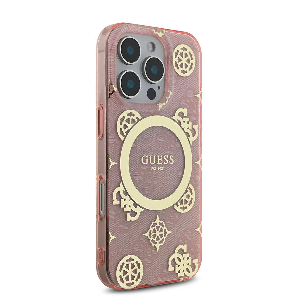 Apple iPhone 16 Pro Kılıf Guess Orjinal Lisanslı M-safe Şarj Özellikli IML Peony ve 4G Desenli Klasik Logolu Kapak Kahverengi