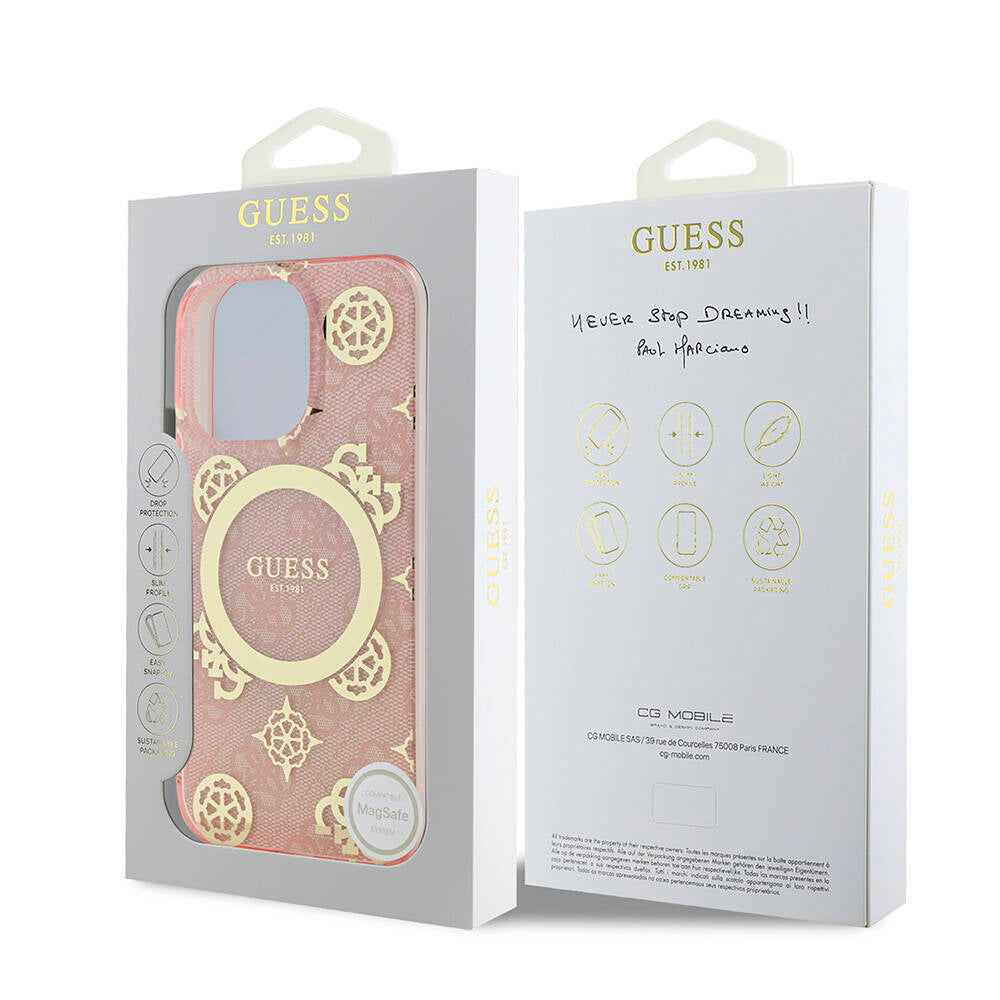 Apple iPhone 16 Pro Kılıf Guess Orjinal Lisanslı M-safe Şarj Özellikli IML Peony ve 4G Desenli Klasik Logolu Kapak Kahverengi