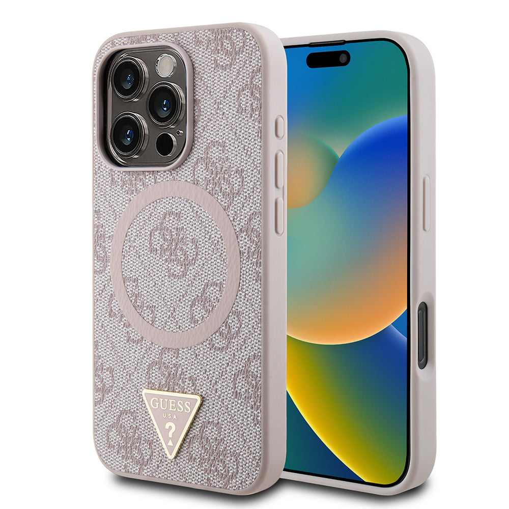 Apple iPhone 16 Pro Kılıf Guess Orjinal Lisanslı M-safe Şarj Özellikli PU Üçgen Logo 4G Desenli Kapak Siyah