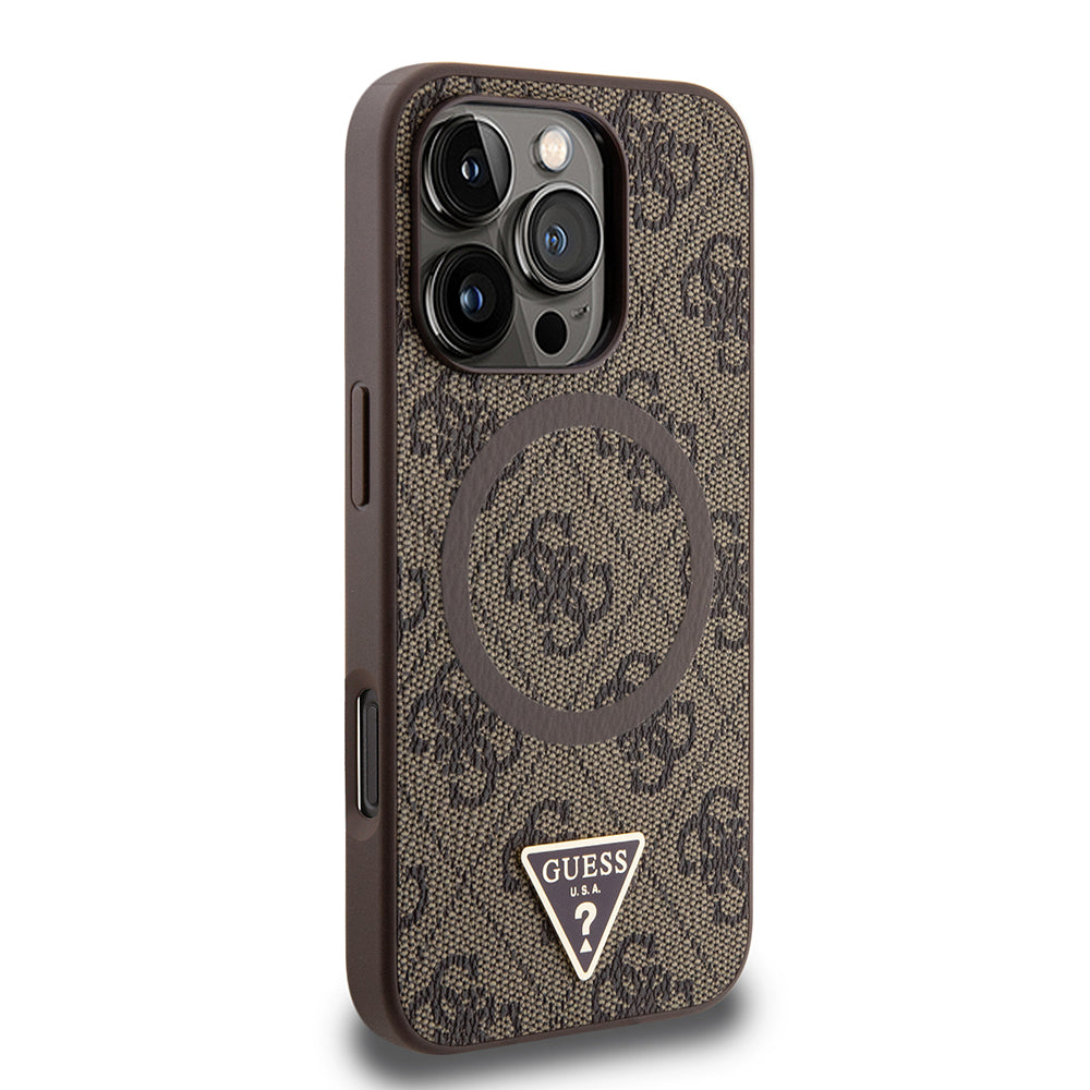 Apple iPhone 16 Pro Kılıf Guess Orjinal Lisanslı M-safe Şarj Özellikli PU Üçgen Logo 4G Desenli Kapak Siyah