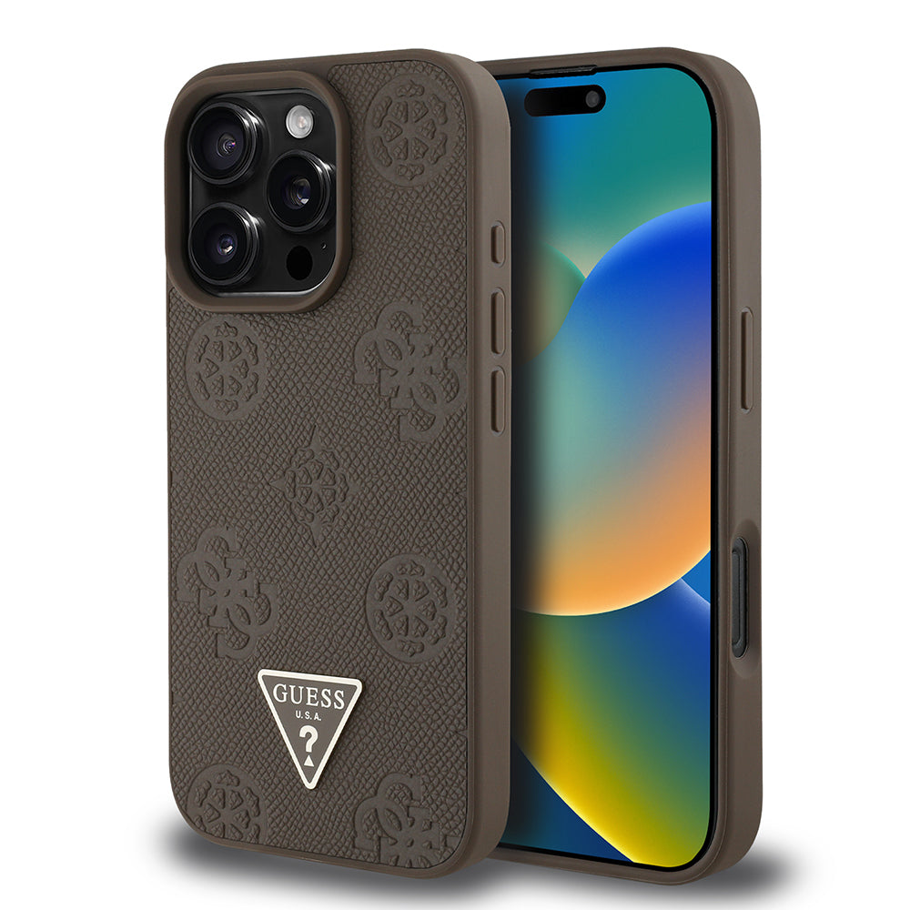 Apple iPhone 16 Pro Kılıf Guess Orjinal Lisanslı M-safe Şarj Özellikli Sıcak Baskılı Üçgen Logolu PU Deri Peony Kapak Pembe