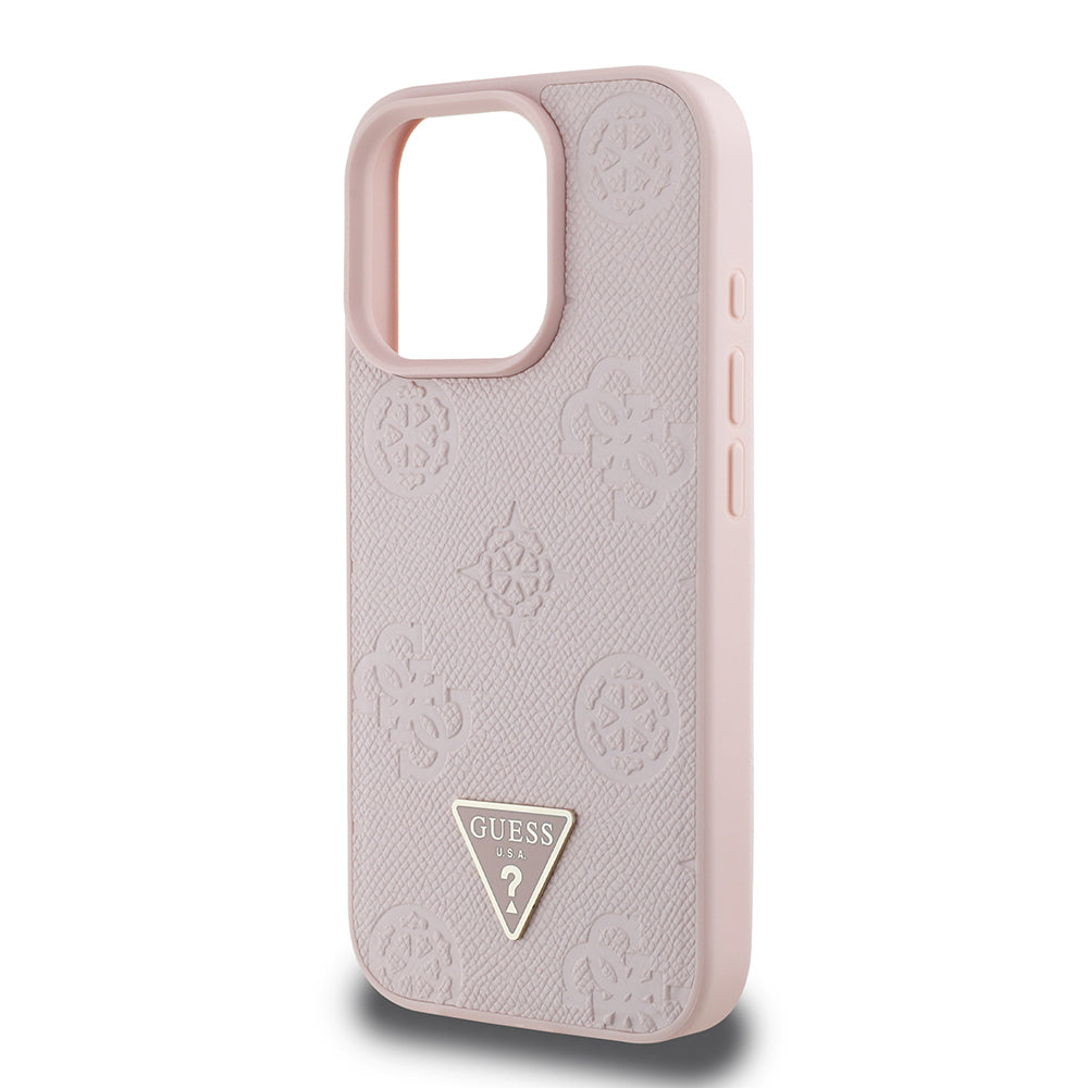 Apple iPhone 16 Pro Kılıf Guess Orjinal Lisanslı M-safe Şarj Özellikli Sıcak Baskılı Üçgen Logolu PU Deri Peony Kapak Kahverengi