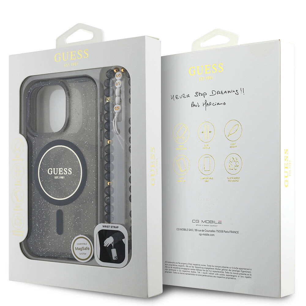 Apple iPhone 16 Pro Kılıf Guess Orjinal Lisanslı M-safe Şarj Özellikli Simli Silikon İnci Bileklikli Kapak Pembe