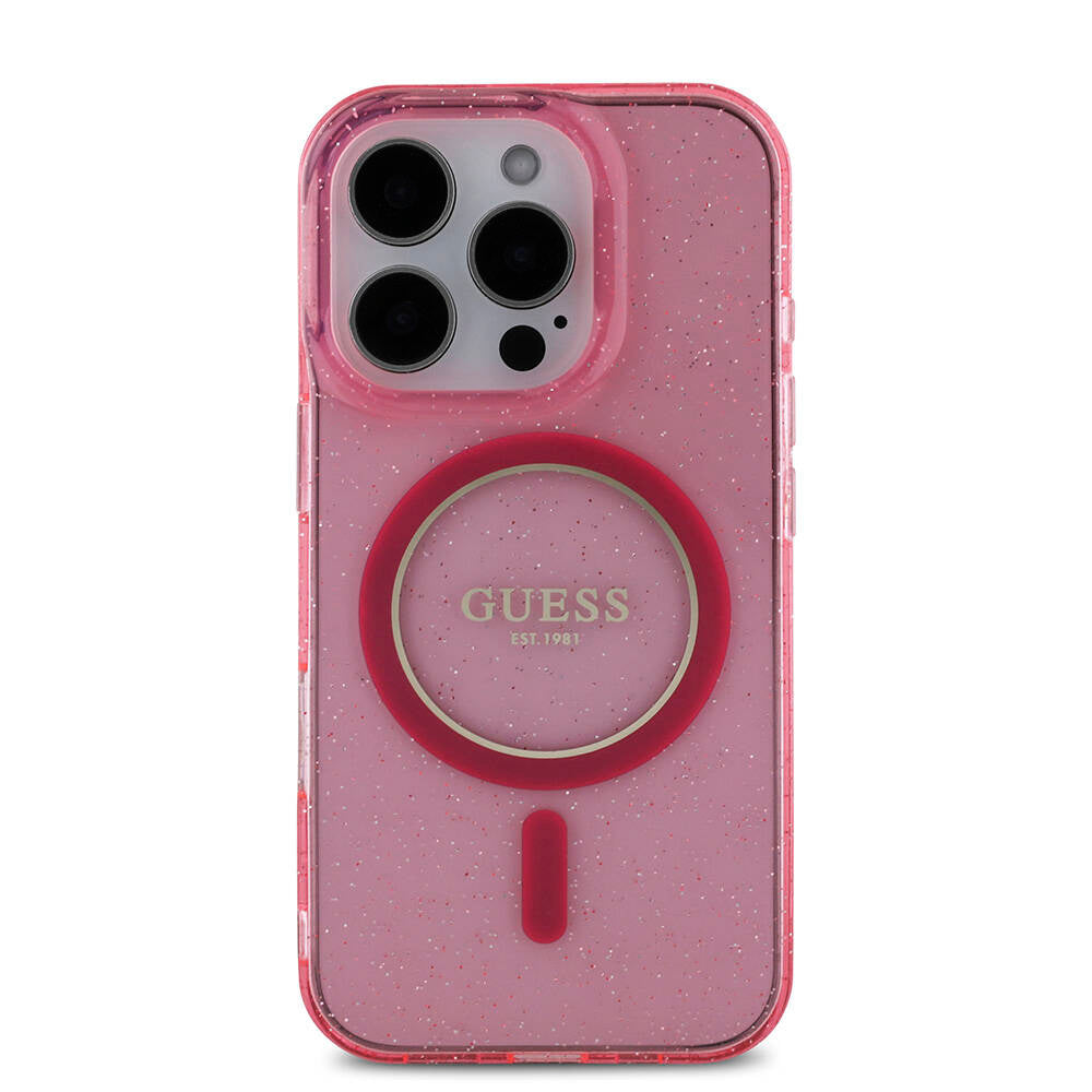 Apple iPhone 16 Pro Kılıf Guess Orjinal Lisanslı M-safe Şarj Özellikli Simli Silikon İnci Bileklikli Kapak Pembe