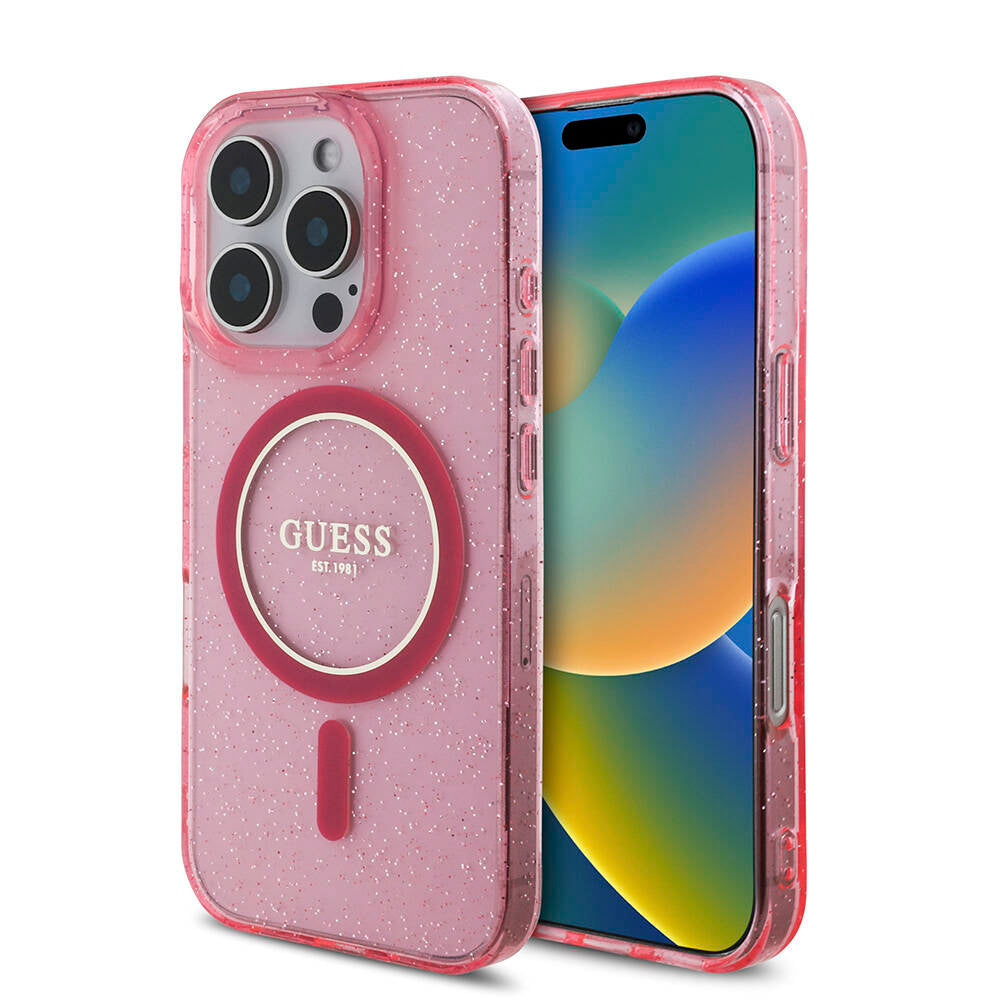 Apple iPhone 16 Pro Kılıf Guess Orjinal Lisanslı M-safe Şarj Özellikli Simli Silikon İnci Bileklikli Kapak Siyah