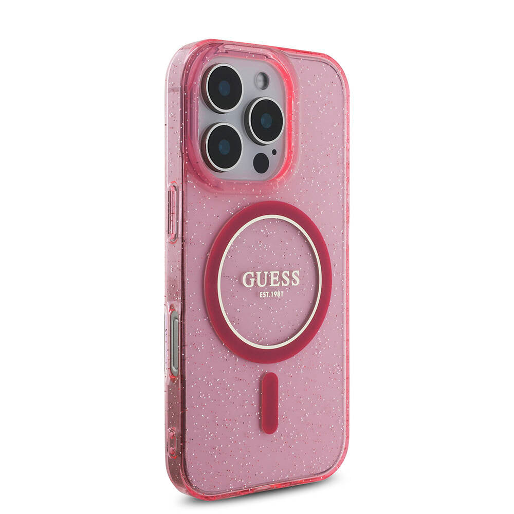 Apple iPhone 16 Pro Kılıf Guess Orjinal Lisanslı M-safe Şarj Özellikli Simli Silikon İnci Bileklikli Kapak Pembe