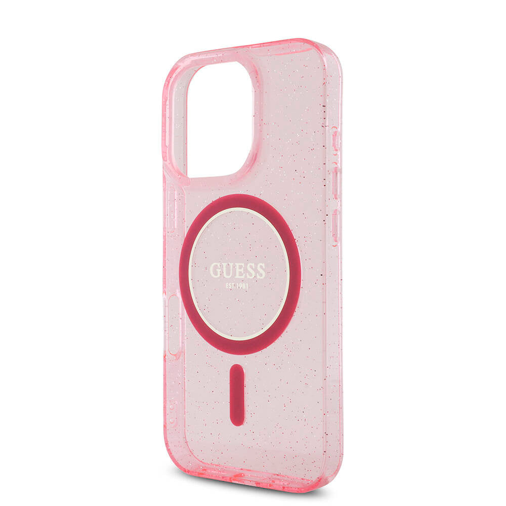 Apple iPhone 16 Pro Kılıf Guess Orjinal Lisanslı M-safe Şarj Özellikli Simli Silikon İnci Bileklikli Kapak Pembe