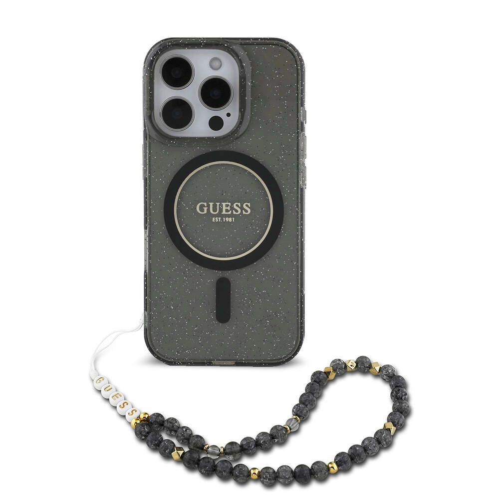 Apple iPhone 16 Pro Kılıf Guess Orjinal Lisanslı M-safe Şarj Özellikli Simli Silikon İnci Bileklikli Kapak Pembe