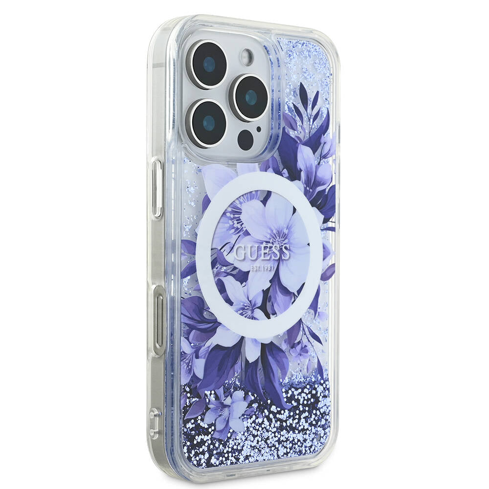 Apple iPhone 16 Pro Kılıf Guess Orjinal Lisanslı M-safe Şarj Özellikli Sıvılı Simli Çiçek Desenli Kapak Mor