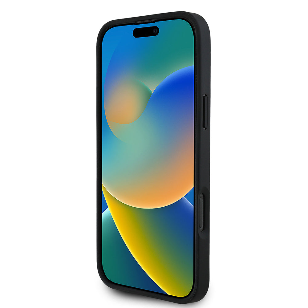 Apple iPhone 16 Pro Kılıf Guess Orjinal Lisanslı M-safe Şarj Özellikli Taneli Çiçek Tasarımlı Metal Yazı Logolu Kapak Siyah