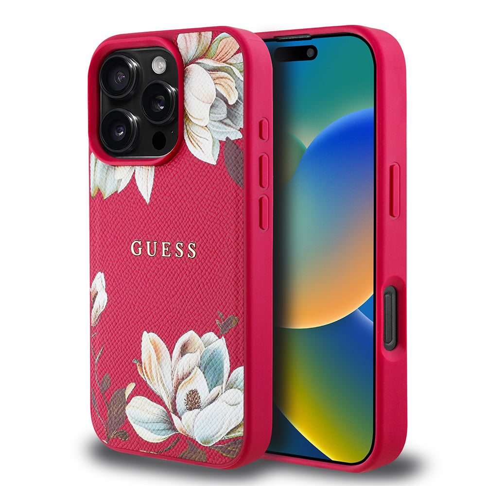 Apple iPhone 16 Pro Kılıf Guess Orjinal Lisanslı M-safe Şarj Özellikli Taneli Çiçek Tasarımlı Metal Yazı Logolu Kapak Siyah