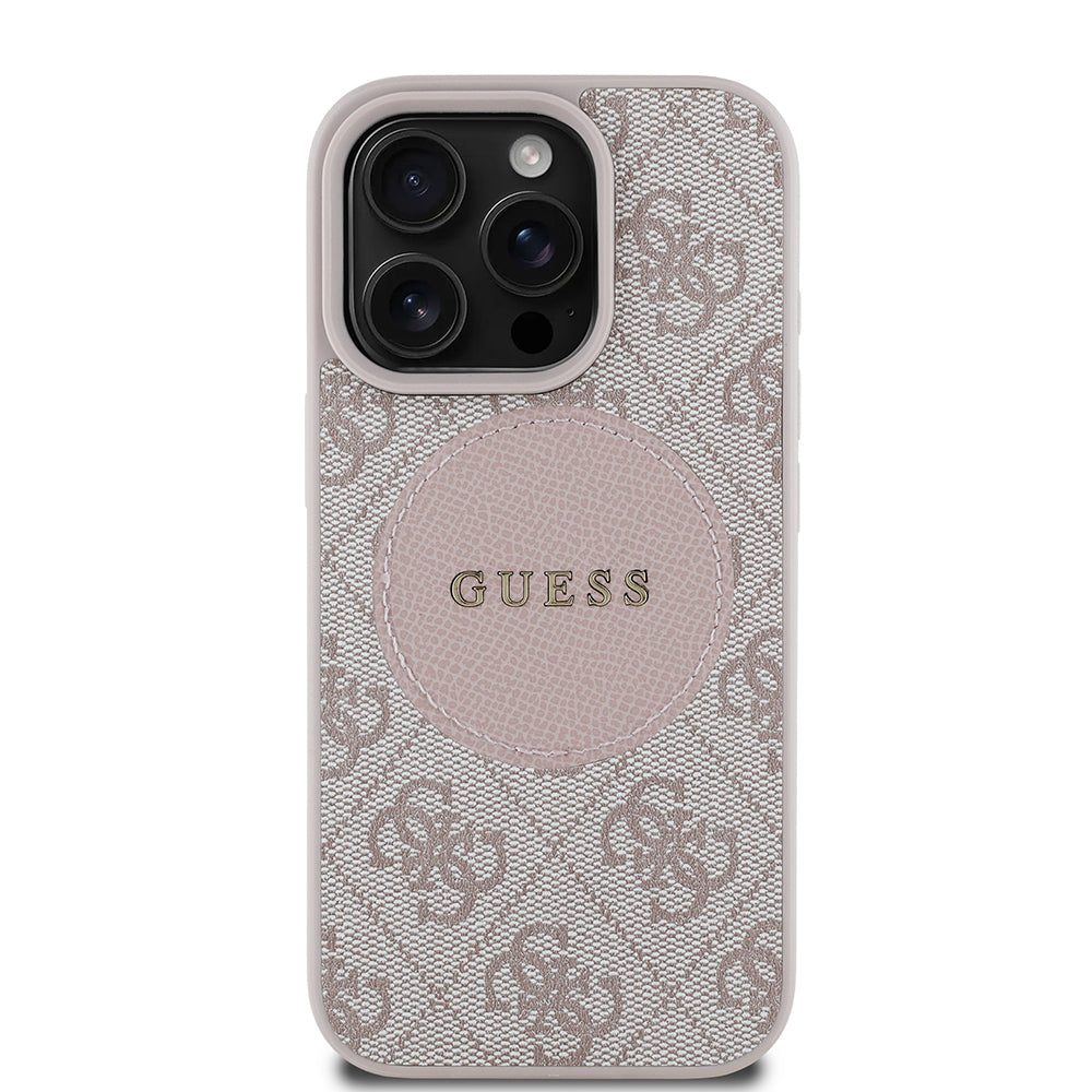 Apple iPhone 16 Pro Kılıf Guess Orjinal Lisanslı M-safe Şarj Özellikli Yazı Logolu Circle Classic Kapak Pembe
