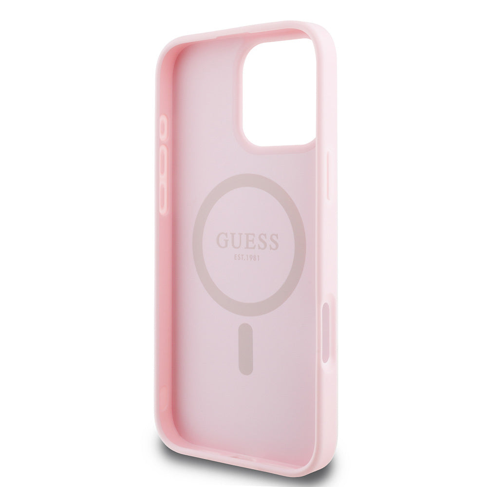 Apple iPhone 16 Pro Kılıf Guess Orjinal Lisanslı M-safe Şarj Özellikli Yazı Logolu Grained Kapak Pembe