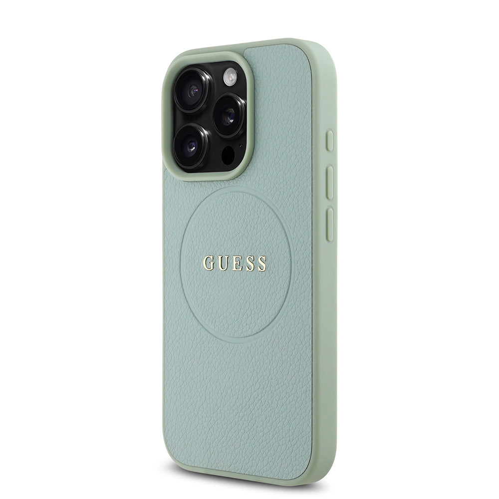 Apple iPhone 16 Pro Kılıf Guess Orjinal Lisanslı M-safe Şarj Özellikli Yazı Logolu Grained Kapak Yeşil