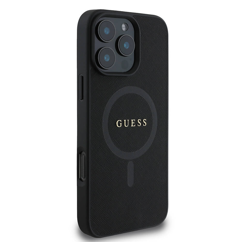 Apple iPhone 16 Pro Kılıf Guess Orjinal Lisanslı M-safe Şarj Özellikli Yazı Logolu Saffiano Classic Kapak Siyah