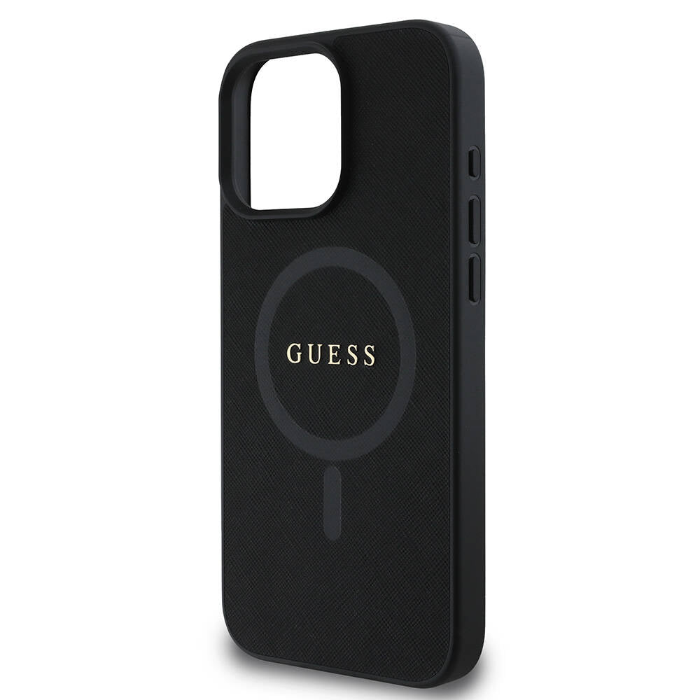 Apple iPhone 16 Pro Kılıf Guess Orjinal Lisanslı M-safe Şarj Özellikli Yazı Logolu Saffiano Classic Kapak Siyah