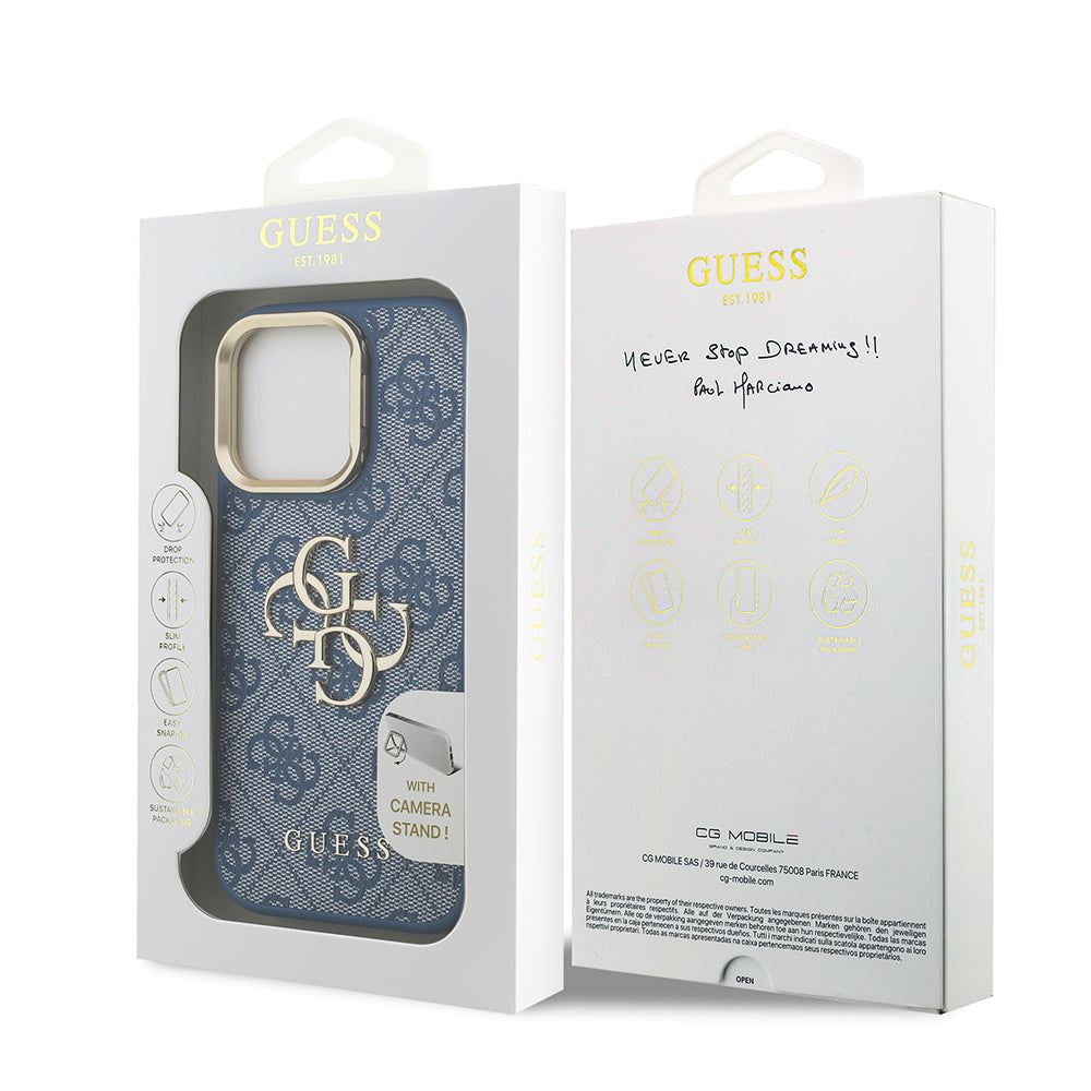 Apple iPhone 16 Pro Kılıf Guess Orjinal Lisanslı PU Deri 4G Desenli Metal Büyük 4G ve Yazı Logolu Kamera Standlı Kapak Kahverengi