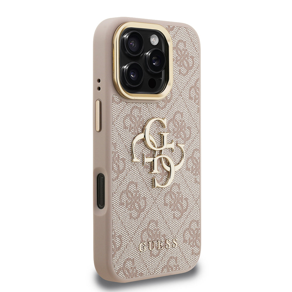 Apple iPhone 16 Pro Kılıf Guess Orjinal Lisanslı PU Deri 4G Desenli Metal Büyük 4G ve Yazı Logolu Kamera Standlı Kapak Mavi