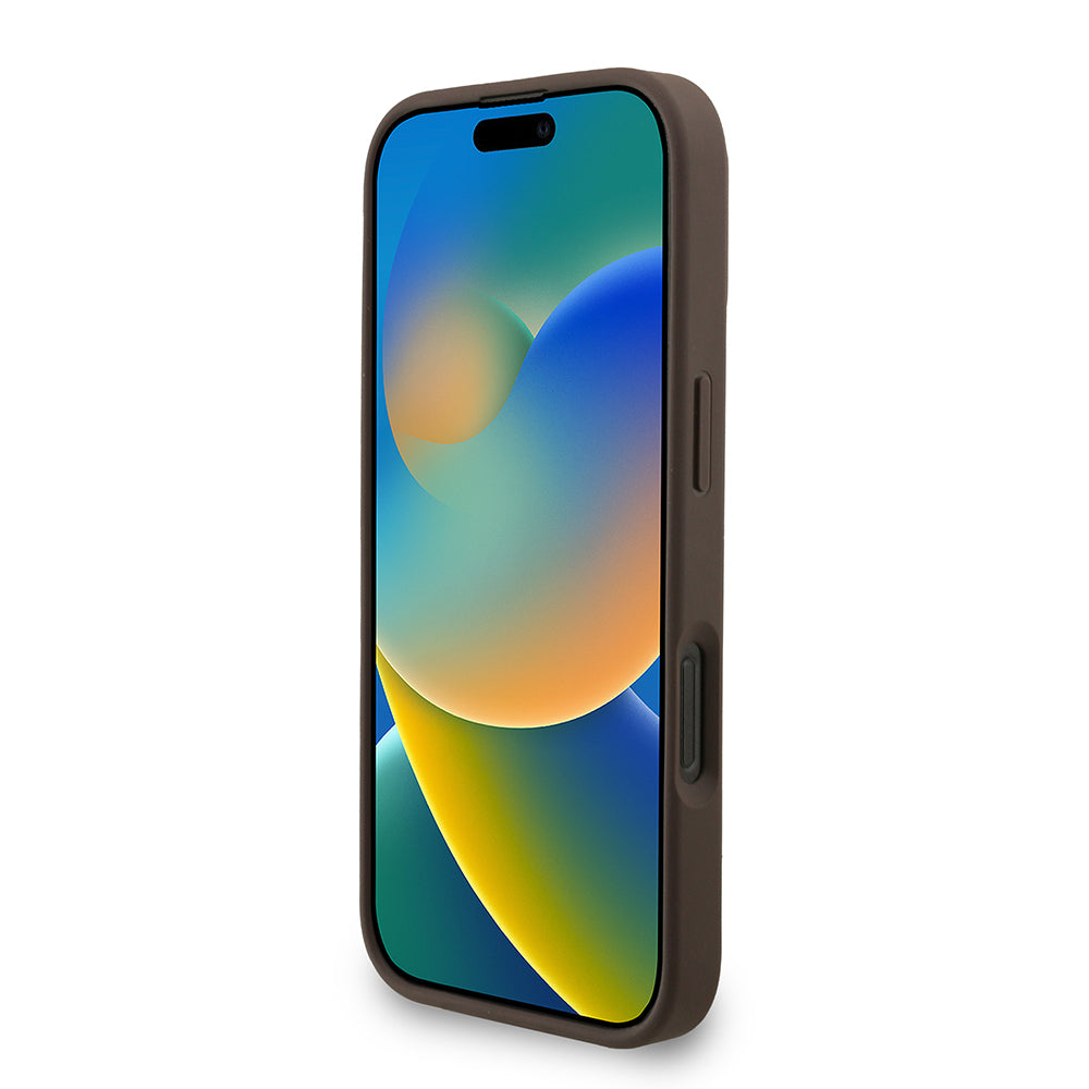 Apple iPhone 16 Pro Kılıf Guess Orjinal Lisanslı PU Deri Bilek Askı İpli Metal Büyük 4G ve Yazı Logolu Kapak Kahverengi