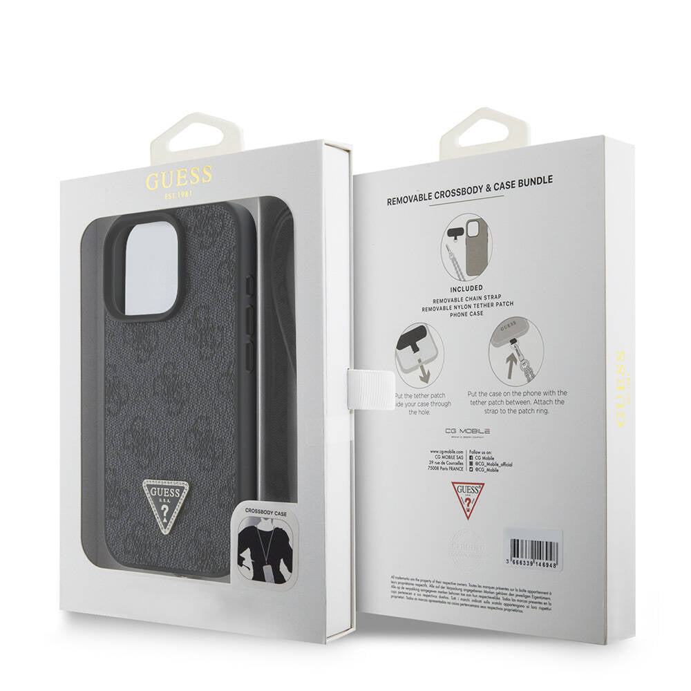 Apple iPhone 16 Pro Kılıf Guess Orjinal Lisanslı PU Deri Taşlı Metal Üçgen Logolu Çapraz Vücut Askılı 4G Desenli Kapak Kahverengi