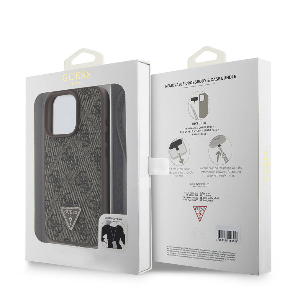 Apple iPhone 16 Pro Kılıf Guess Orjinal Lisanslı PU Deri Taşlı Metal Üçgen Logolu Çapraz Vücut Askılı 4G Desenli Kapak Kahverengi