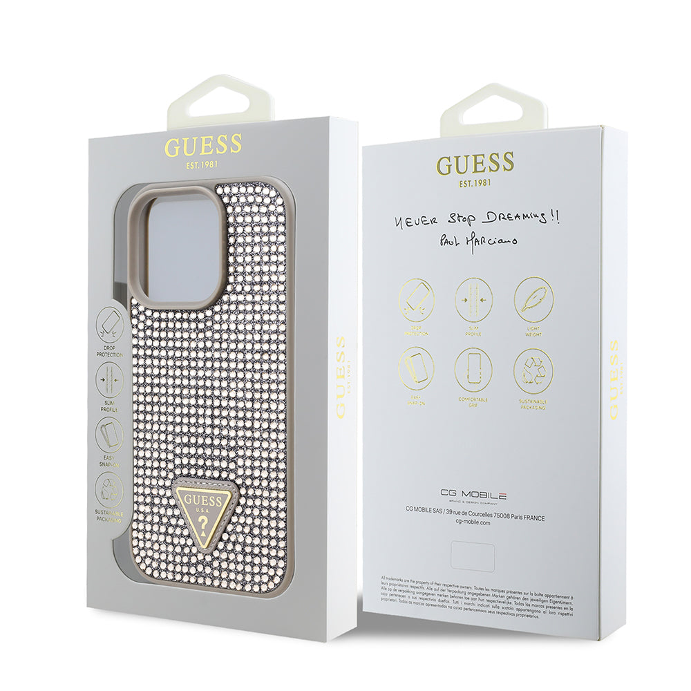 Apple iPhone 16 Pro Kılıf Guess Orjinal Lisanslı Taşlı Arka Yüzey Üçgen Logolu Kapak Gümüş